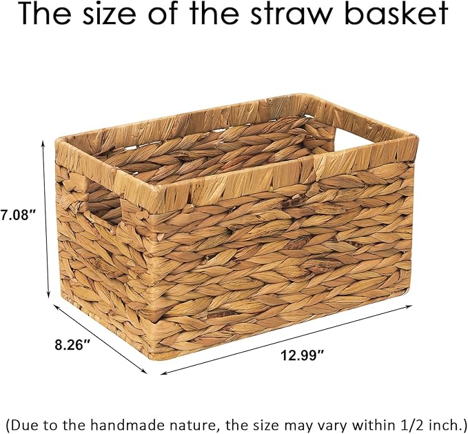 Rectangular Storage Basket 2PCS Water Hyacinth Baskets,Hand-Woven Baskets with Handles,12.99x7.08x8.26″for Living Bedroom Organizing Shelves