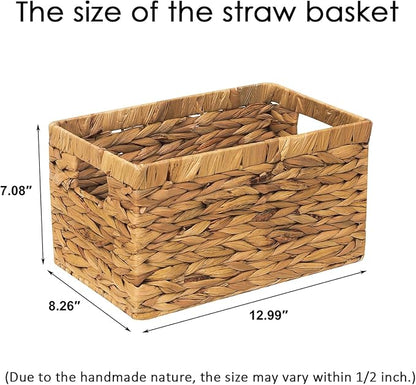 Rectangular Storage Basket 2PCS Water Hyacinth Baskets,Hand-Woven Baskets with Handles,12.99x7.08x8.26″for Living Bedroom Organizing Shelves