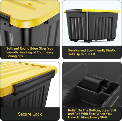 Nazhura 97 Quart Plastic Storage Bin, Stackable and Nestable Storage Boxes with Yellow Lids and Secure Latching Buckles, Large Storage Container (Black/Yellow, 97Quart-4Pack)
