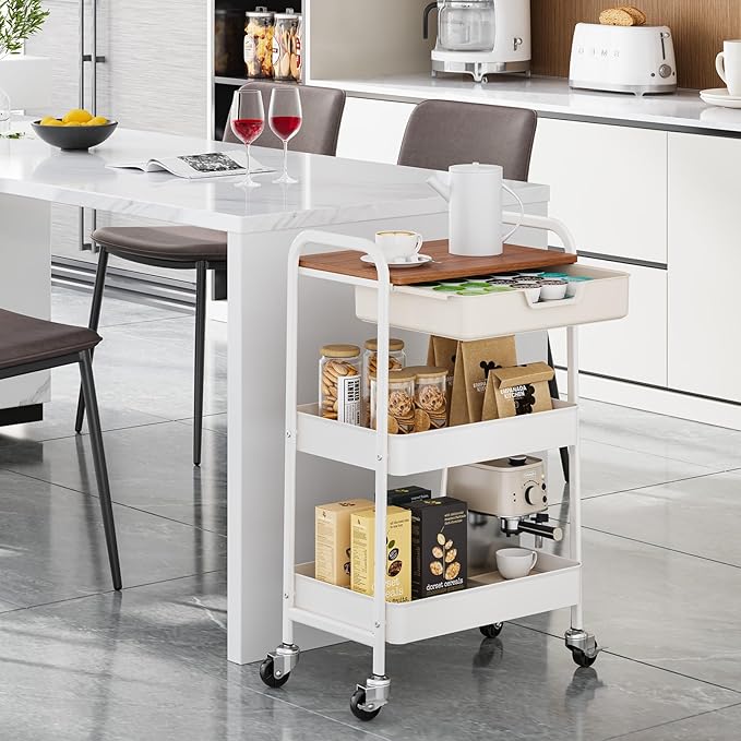 TOOLF 3-Tier Metal Utility Rolling Cart with Drawer & Wooden Table Top, Storage Cart White Trolley Kitchen Organizer Rolling Desk with Locking Wheels for Office, Classroom, Dorm, Bedroom