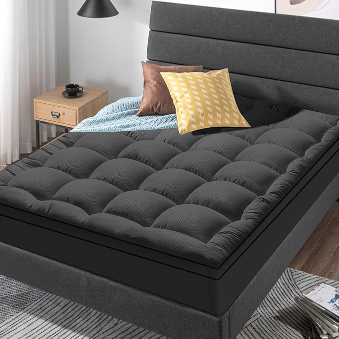 Twin Size Mattress Topper for Back Pain, Cooling Extra Thick Mattress Pad Cover with 8-21 inch Deep Pocket, Plush Pillow Top Mattress Topper Overfilled with Down Alternative, Twin Size, Black