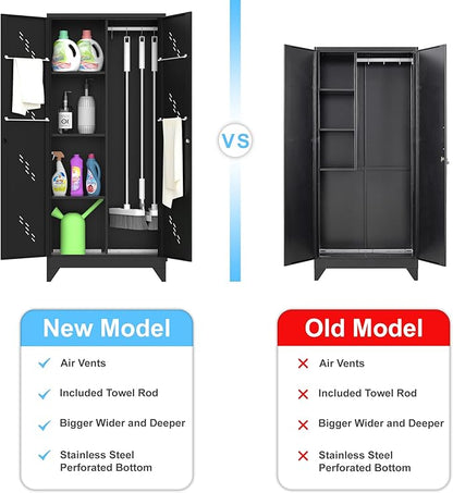 71'' Metal Storage Cabinet with Doors, Multifunctional Bathroom/Garage Lockable Steel Cabinet, Broom Closet Storage with Hanging Rod (Style-1)