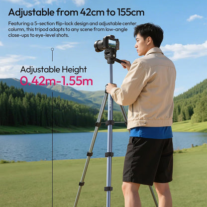 ULANZI TT39 Travel Tripod with Fluid Head, Lightweight Camera Stand for DSLR and Phone, Compact 61'' Tripod Mount with Phone Clip for Outdoor Vlogging and On-The-Go Shooting