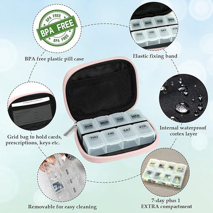 Serfeymi Weekly Travel Pill Organizer Pill Case for Purse with Removable 7 Day Pill Box, Fashionable Travel Medicine Organizer Pill Container for Medicine, Vitamin, Supplement - Pink 01