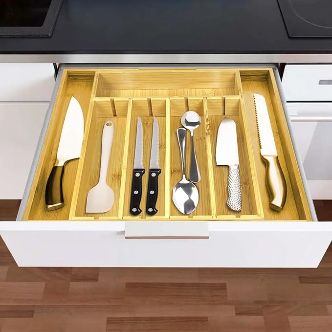 Kitchen Bamboo Silverware Drawer Organizer - Expandable Utensil Organizer for Flatware, Adjustable Cutlery & Knives. Ideal Utensil 7 Slots Total Drawer Organizer for Kitchen, Natural