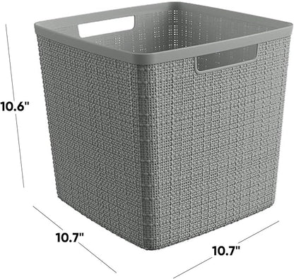 Curver Set of 4 Jute Large Cube Decorative Plastic Organization and Storage Baskets, Perfect Bins for Home Office, Closet Shelves, Kitchen Pantry and All Bedroom Essentials, Grey