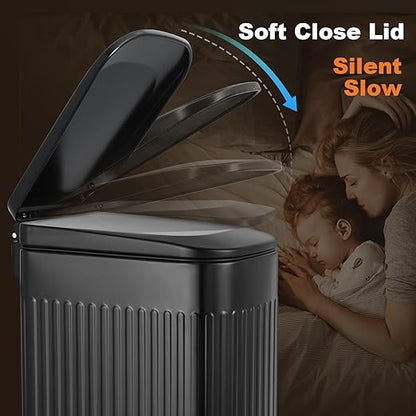 TrashAid Small Black Bathroom Trash Can with Lid Soft Close, 6 Liter / 1.6 Gallon, Stainless Steel Garbage Can with Removable Inner Bucket, Step Pedal, Slim Wastebasket for Toilet, Office, Bedroom