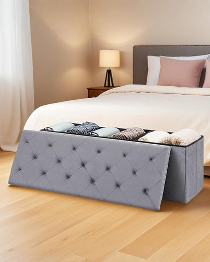 Velvet Storage Ottoman Bench, 43.3" Folding Ottoman with Rivet Trim, Heavy-Duty Upholstered Entryway Bench, Sturdy Footrest and Seat for Bedroom, Living Room, Holds up to 660 LBS, Grey