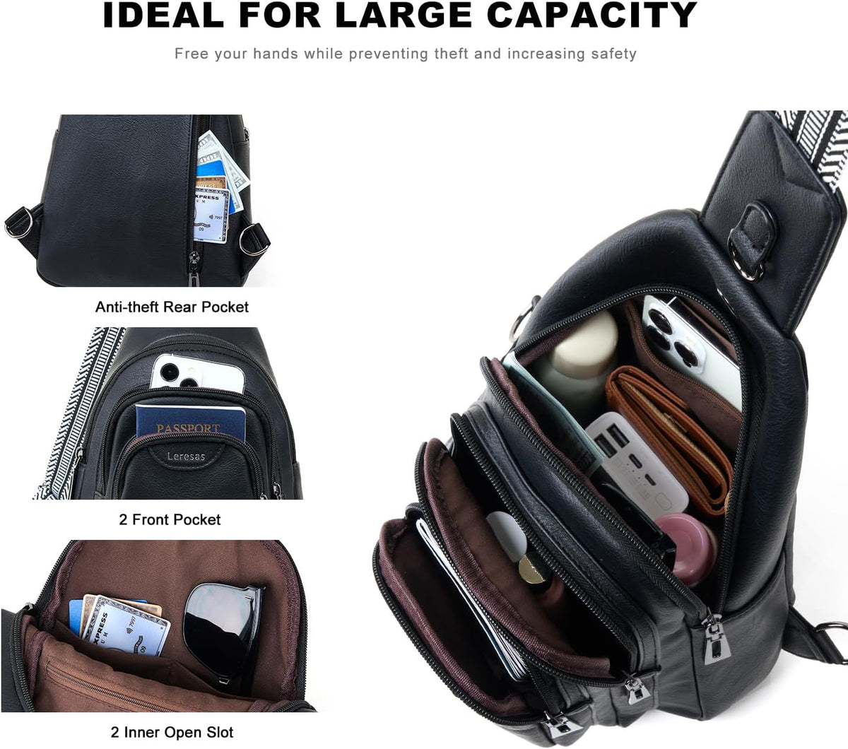 10L Crossbody Sling Bag for Women Men Anti Theft Cross Body Fanny Pack Belt Bag Purse Gifts for Women Faux Leather, Black