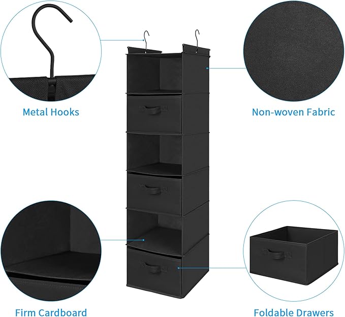 MAX Houser 6 Tier Shelf Hanging Closet Organizer, Closet Hanging Shelf with 2 Sturdy Hooks for Storage, Foldable (Black-D3)