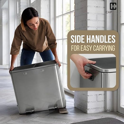 CAPHAUS Dual Trash Can with Double Lid, Trash and Recycle Bins Combo, Hands-Free Stainless-Steel Garbage Can for Kitchen, with 2 Compartment, Hinged Lid, Odor Filters, Handles, 30L+30L, 2 x 8 Gallon