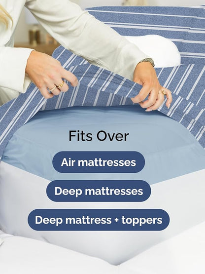 Extra Deep Pocket King Sheets - 4 Piece Breathable & Cooling Bed Sheets - Hotel Luxury Bed Sheet Set - Soft, Wrinkle Free & Comfy - Easily Fits Extra Deep Mattresses - Deep Pocket Blue Striped Sheets