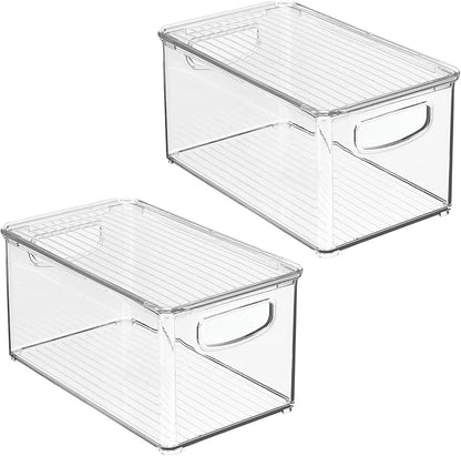 mDesign Plastic Deep Storage Bin Box Container with Lid and Built-In Handles - Organization for Fruit, Snacks, or Food in Kitchen Pantry, Cabinet, or Cupboard, Ligne Collection, 2 Pack, Clear