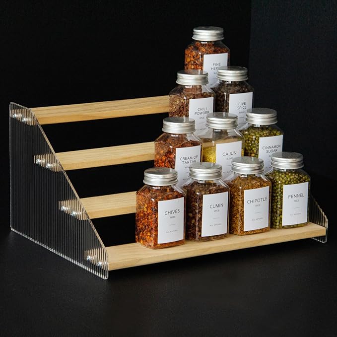 nianfeng Tiered Spice Rack, 4-Tier Spice Pantry Kitchen Cabinet Organizer, 12-Inch, Natural Wood Acrylic Stair Riser Stand, Countertop Seasoning Shelf