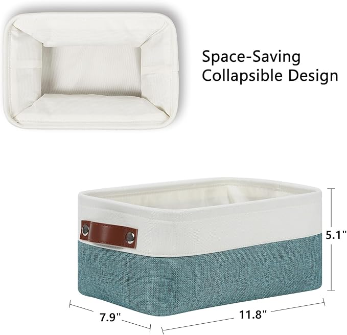 DULLEMELO Small Storage Bin,Small Fabric Rectangular Storage Basket for Shelves,Foldable Bin with Handles for Toy and Clothes Storage (White&Dark Green,1 PACK)
