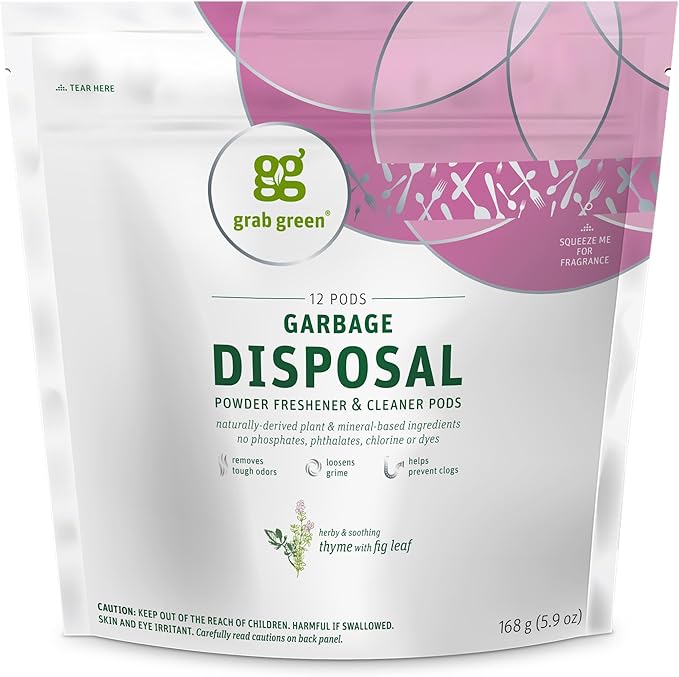 Grab Green Garbage Disposal Freshener and Cleaner Pods, 12 Count, Thyme with Fig Leaf Scent, Plant and Mineral Based, Removes Odors, Loosens Grime, Prevents Clogging