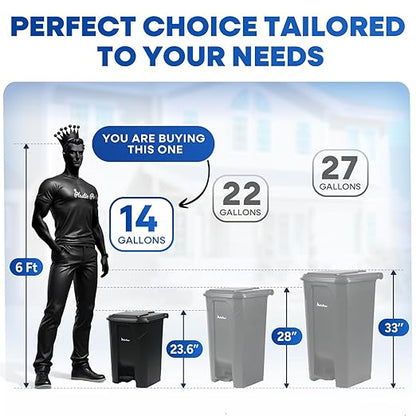 14 Gallon Step-On Trash Can/Container, Black Plastic Dustbin with Lid and Foot Pedal, Hands-Free Disposal