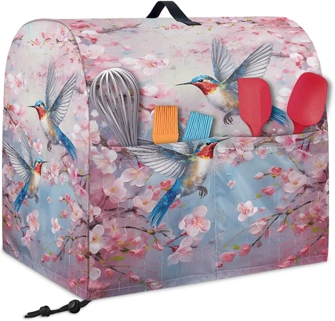 Kitchen Aid Mixer Cover Pink - Hummingbird Flower Pattern - Dust Cover with Pockets and Handle - Waterproof Polyester - Stand Mixer Covers