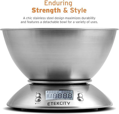Etekcity Food Kitchen Scale with Bowl, Digital Weight Scale for Food Ounces and Grams, Cooking and Baking, Timer, and Temperature Sensor, 2.06 QT, Stainless Steel