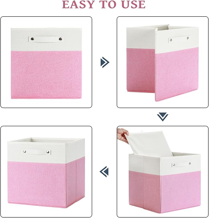 13 x 13 Inch Fine Linen Storage Bins with Handles，Fabric Cube Boxs，Collapsible Basket Organizers for Shelves for Home, Closet Drawers (White/Pink-4 Pack)