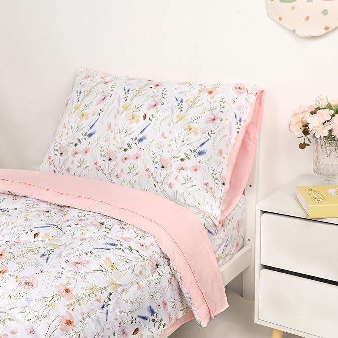 Toddler Bedding Set for Girls, 4 Piece Floral Toddler Comforter Set, Ultra Soft Baby Girl Crib Bed Bedding Includes Quilted Comforter, Flat Sheet, Fitted Sheet, Pillowcases, Pink Flower
