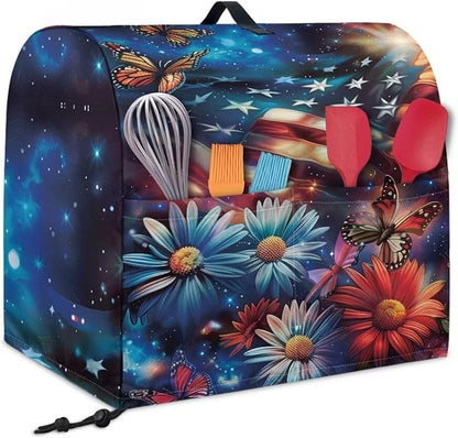 American Flag Daisy Butterfly Mixer Cover Protector, Dust Covers for 6-8 Quart Kitchen Aid Mixer, Polyester, Waterproof, Multicolor, Drawstring Closure