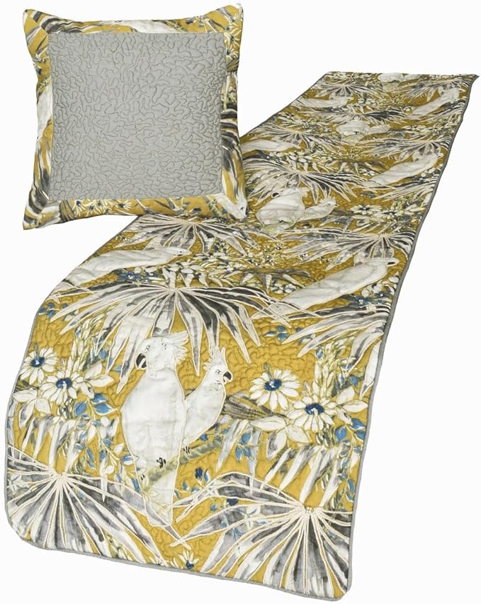 The HomeCentric King/Queen/Twin Grey & Yellow Decorative Full 68"x18" Bed Runner Without Pillow Cover, Cockatoo Bird & Quilted Bed Scarf on Cotton Fabric - Cockatoo Love