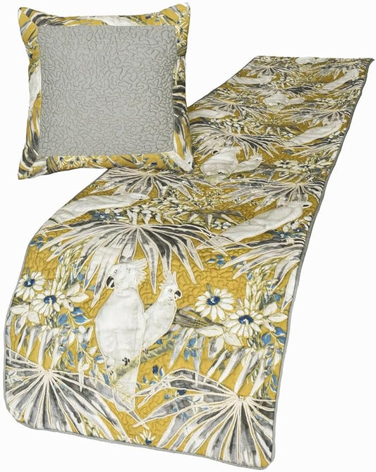 The HomeCentric King/Queen/Twin Grey & Yellow Decorative Full 68"x18" Bed Runner Without Pillow Cover, Cockatoo Bird & Quilted Bed Scarf on Cotton Fabric - Cockatoo Love