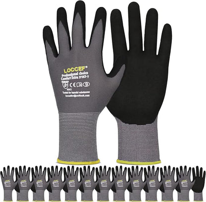 LOCCEF Work Gloves MicroFoam Nitrile Coated-6 Pairs,Seamless Knit Nylon Gloves,Gray Work gloves