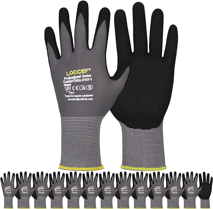 LOCCEF Work Gloves MicroFoam Nitrile Coated-6 Pairs,Seamless Knit Nylon Gloves,Gray Work gloves