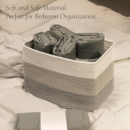 Hopegiver Woven Storage Baskets 15x11x10 Inch, 3 Pack Collapsible Cube Storage Bin for Shelves - Foldable Cotton Rope Organizer Bins for Towels, Toys, Books, Closet, Nursery (White Light-Gray Gray)