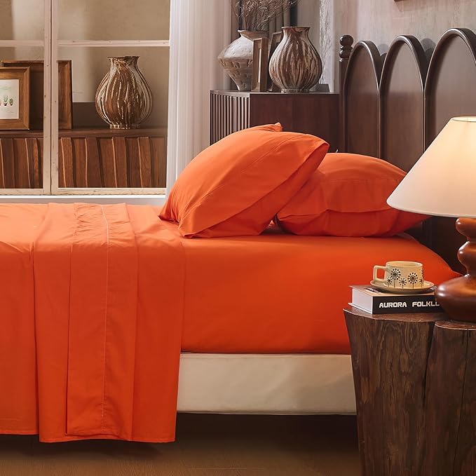100% Linen Sheet Set King Size Extra Deep Pocket Fits 18-24 Inch Mattress, Breathable & Soft, Smooth 4-Piece Set for Thick Mattresses Hotel Luxury Bedding（King, Orange）