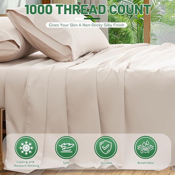 100% Egyptian Cotton Sheets Cal King Sheet Set 1000 Thread Count Sateen Weave Soft Breathable 16-Inch Deep Pocket 4PCS（California King,Linen）