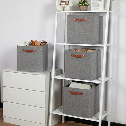 Temary 12x12 Storage Cube Bins 4 Pack Fabric Storage Cubes Storage Bins with Leather Handles, Storage Baskets Foldable Cube Organizers Bins for Home (Grey)