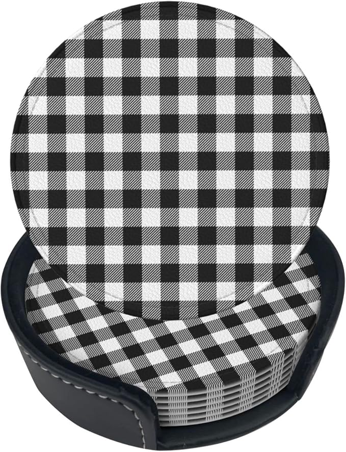 6 Pcs Black White Striped Plaid Leather Coasters