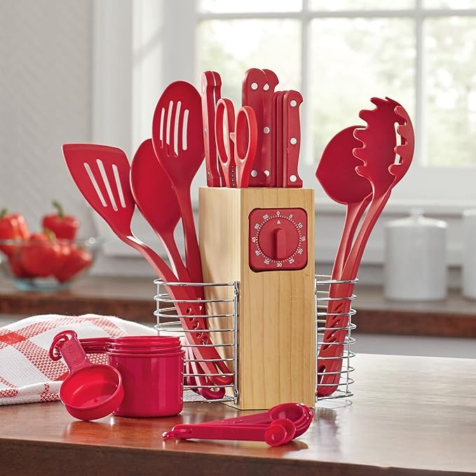 Montgomery Ward 25-Piece Cutlery and Utensil Set, Red - Apartment Essentials Kitchen Prep Kit with Full-Tang Knives (Red)
