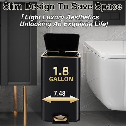 Small Bathroom Trash Can with Lid Soft Close, 1.8 Gallon Stainless Steel Garbage Can with Removable Inner Bucket,3PCS Soap Dispenser,75Count Trash Bag, Slim Step Pedal Trash Bins