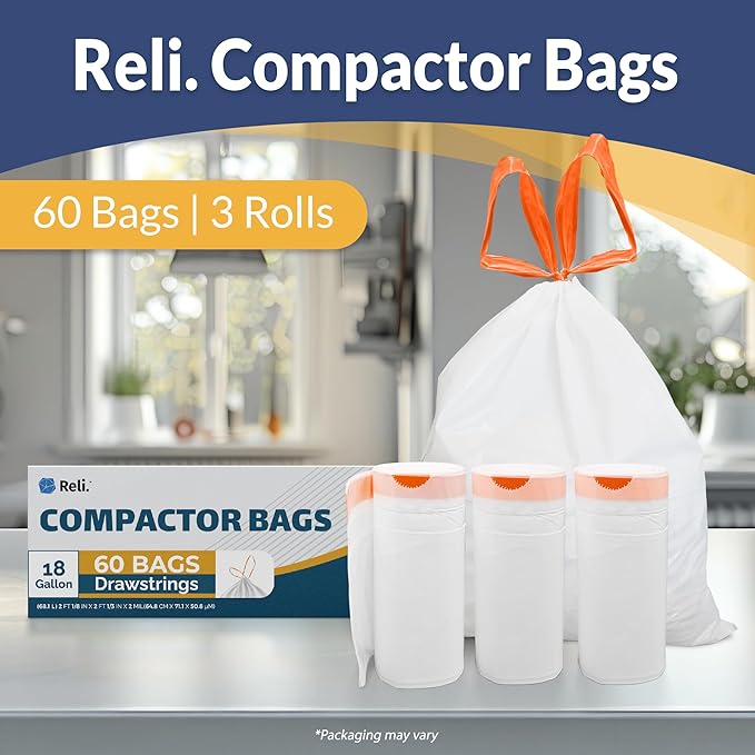 Reli. 18 Gallon Trash Compactor Bags (60 Pack) | 2 Mil Heavy Duty | Compatible with Kitchenaid, Whirpool, GE 15 Inch Compactors | No Slip Drawstring Kitchen Trash Bags | Leak-Proof & Tear Resistant
