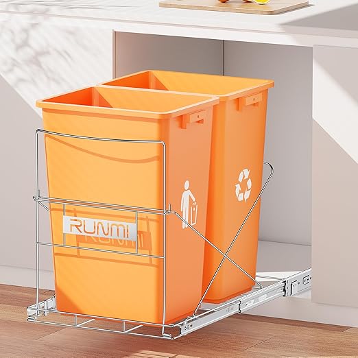 Double 37 Quart Pull Out Trash Can Under Cabinet, Under Sink Trash Rack, 70 Liter Total Capacity, Cabinet Trash Pull Out Kit, Trash Bin Not Included