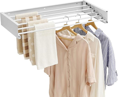 JOOM Laundry Drying Rack Collapsible, Wall Mounted Clothes Drying Rack, Retractable Drying Rack, 31.5" Wide, 5 Aluminum Rods, 60 lb Capacity (White 31.5")
