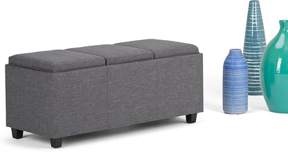 SIMPLIHOME Avalon 42 Inch Wide Contemporary Rectangle Storage Ottoman in Slate Grey Linen Look Fabric, Assembled, For the Living Room, Entryway and Family Room