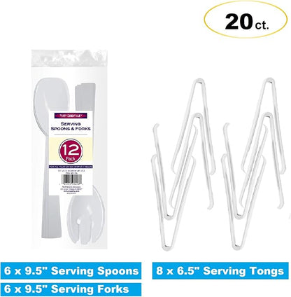 Party Essentials Plastic Party Buffet Serving Utensils Kit, Spoons/Forks/Tongs