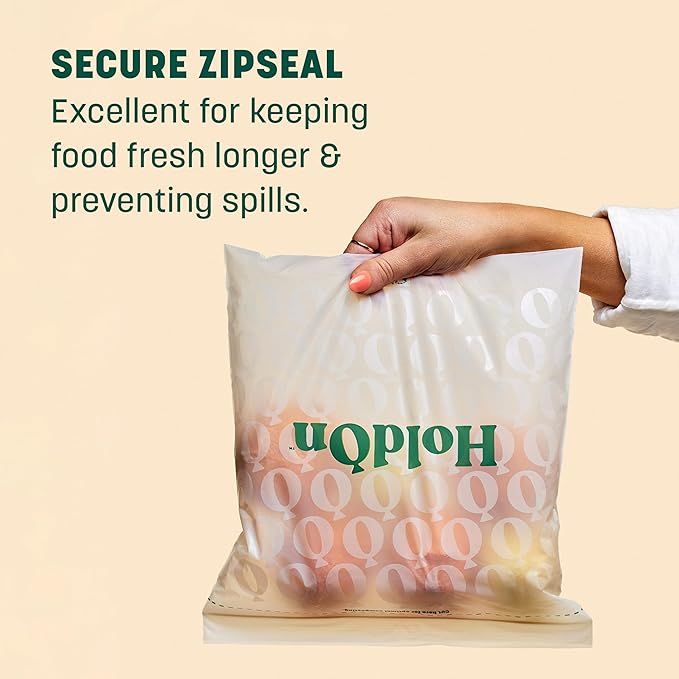 HoldOn HoldOn Zipseal Gallon Bags - Compostable, PFOA-Free, BPA-Free, Food-Safe Zip Seal Food Storage Bags/Freezer-Safe Gallon Bags With Secure Seal for Home & Travel (2-pack, 50 bags total)