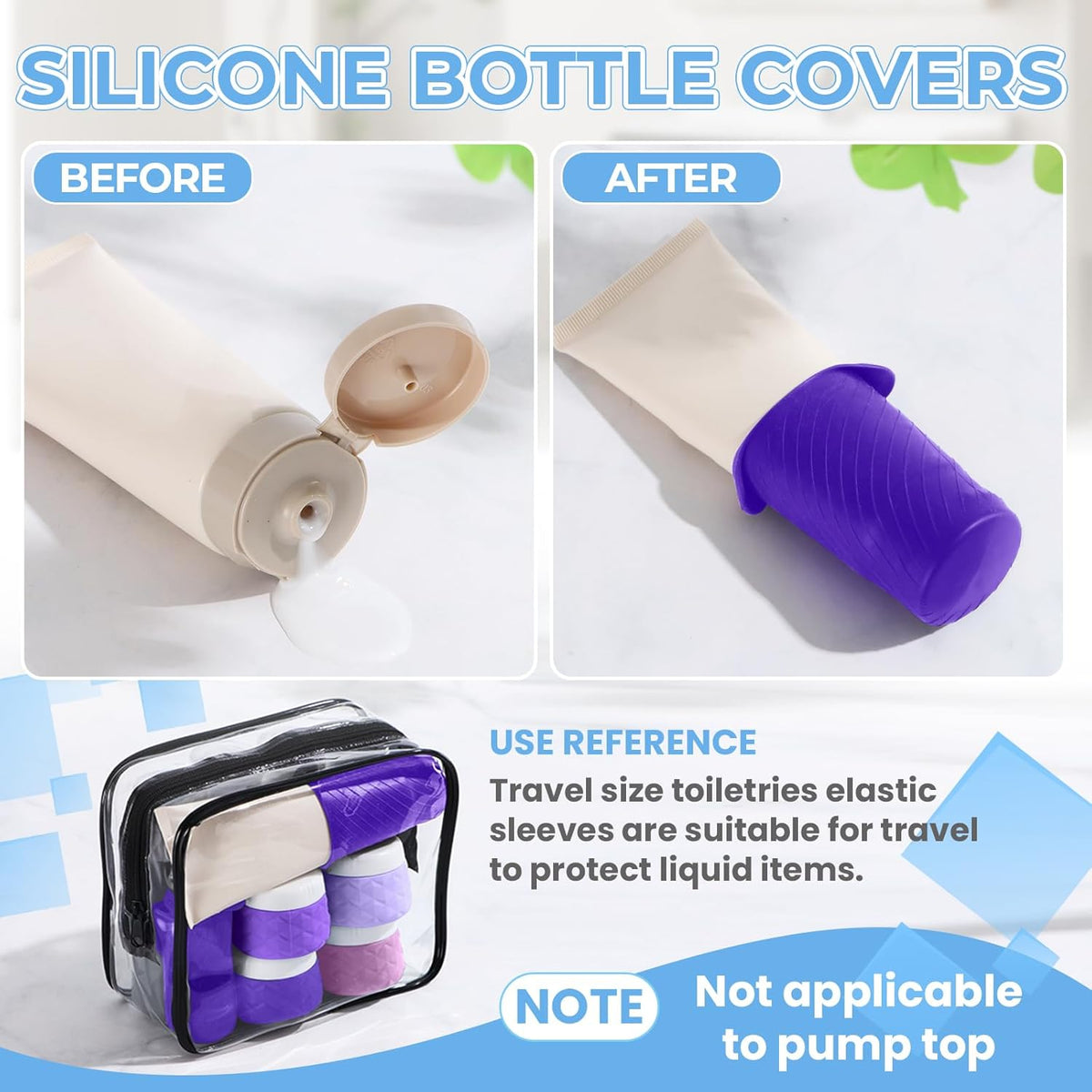 16Pack Travel Bottles for Toiletries, TSA Approved Travel Size Toiletries Containers Set, Silicone Leak Proof Refillable Bottles Elastic Sleeves Creams Jars Accessories Kit W/Clear Bag (Purple)