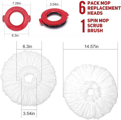 6-Pack White Mop Replacement Heads with 1 Spin Mop Scrub Brush - Microfiber Replacement Mop Heads Universal for 360°Spin Magic Mopping,Round Shape Standard Size