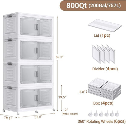 BROVIEW 800 Qt Plastic Storage Bins with Lid, Doors & Wheels, 4Pack Extra Large Stackable Collapsible Storage Bins, Closet Organizers and Storage Drawer, Foldable Cabinets for Home Office, White