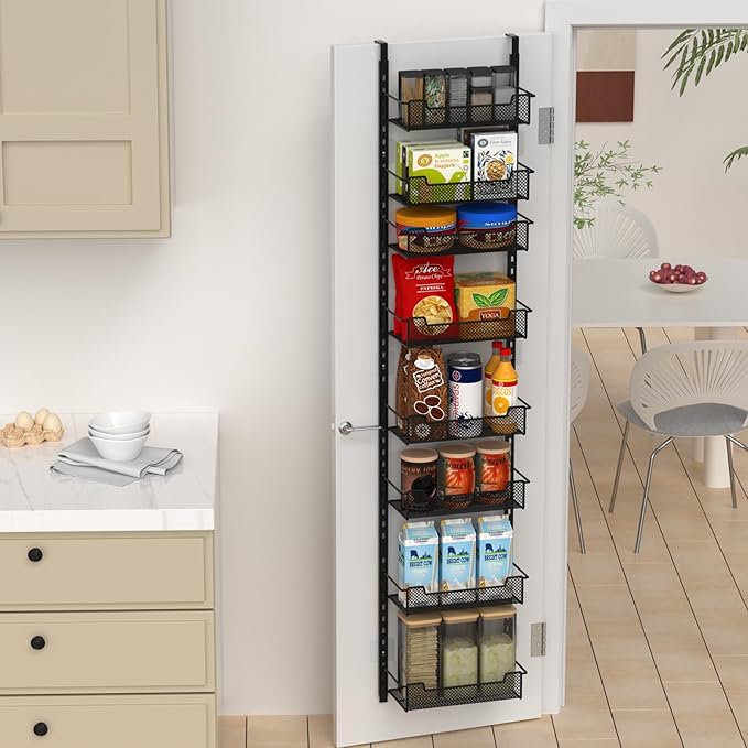 12.3" W Narrow Over the Door Pantry Organizer, 8-Tier Over the Door Organizer with Adjustable Basket, Pantry Door Organization for Pantry Kitchen Storage Room Spice Rack, Black