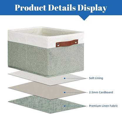 Temary Storage Bins Storage Baskets 4Pack Fabric Storage Bins for Shelves with Dual Leather Handles Canvas Storage Boxes for Organizing Home, Shelf, Closet (White&Green)
