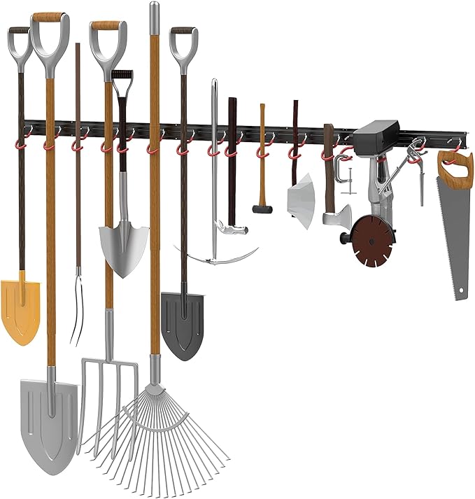 WALMANN All Metal 64 Inch Wall Mount Garden Tool Organizer for Garage, Mop and Broom Holder, Yard Tool Storage Rack for Rake, Shovel, Spade, Mop, Broom(4 Rails, 16 Hooks)