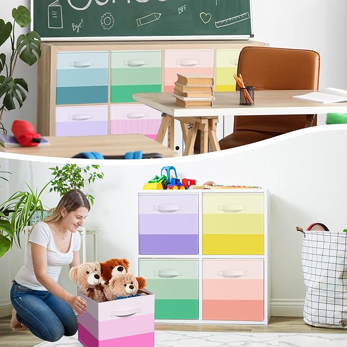 6 Pcs Fabric Storage Cubes Bins with Metal Handle 11 Inch Macaron Colored Striped Style Collapsible Bins Cube Storage Organizer for Clothes Books Kids Room Closet and Toys